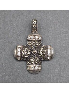 Vintage Sterling Silver Maltese Cross Marcasite Quartz Enhancer Pendant 1.5"